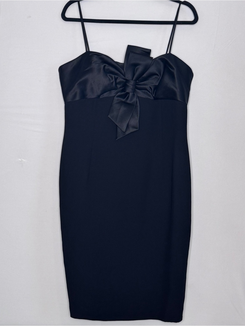 Maggy London Black Satin Bow Cocktail Dress Size 14 Party Midi Elegant